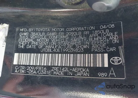 2009 Toyota Corolla Le из США, поврежденный, VIN JTDBL40E199039823